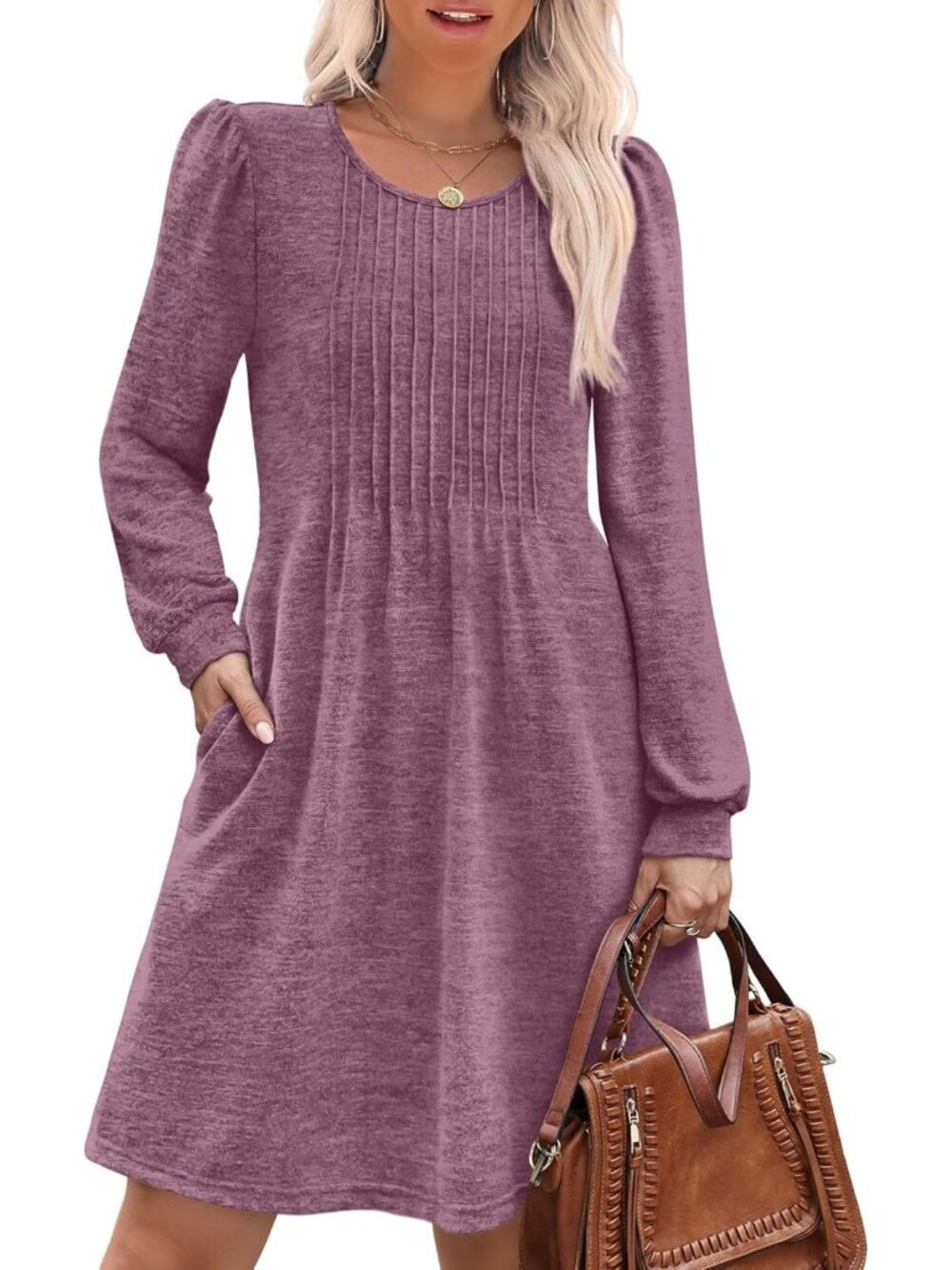 Women's Purple Pleated Crew Neck Pockets Fall Baby Doll Sweater Mini Dress